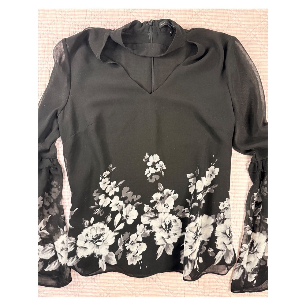 White House Black Market Black Floral CBlouse Sheer Bell Sleeve Whimisgoth